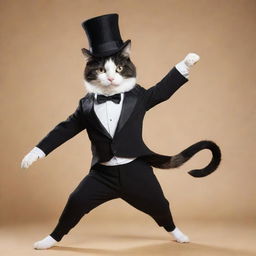 A charming cat, adorned in a tailored tuxedo and a top hat, performing an elegant tap dance routine.