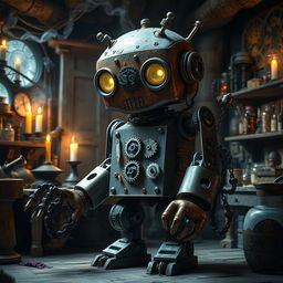 A whimsical yet sinister steel defender robot, blending elements of humor and darkness, stands in a dimly lit fantasy workshop