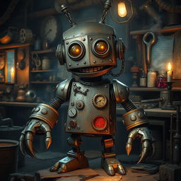 A whimsical yet sinister steel defender robot, blending elements of humor and darkness, stands in a dimly lit fantasy workshop