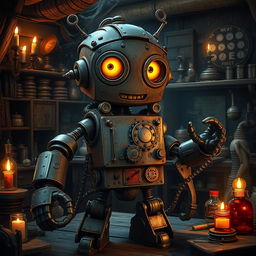 A whimsical yet sinister steel defender robot, blending elements of humor and darkness, stands in a dimly lit fantasy workshop