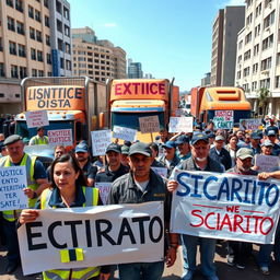 A dramatic scene depicting a large protest of truck drivers in a vibrant city street, holding banners and signs protesting against extortion and sicariato