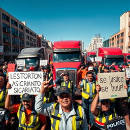 A dramatic scene depicting a large protest of truck drivers in a vibrant city street, holding banners and signs protesting against extortion and sicariato