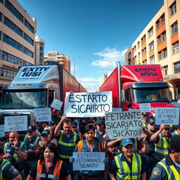 A dramatic scene depicting a large protest of truck drivers in a vibrant city street, holding banners and signs protesting against extortion and sicariato