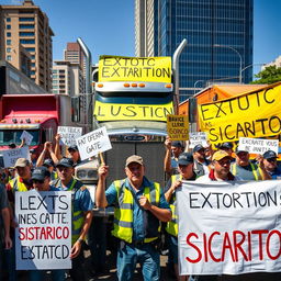 A dramatic scene depicting a large protest of truck drivers in a vibrant city street, holding banners and signs protesting against extortion and sicariato