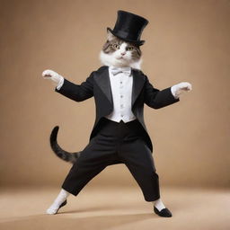 A charming cat, adorned in a tailored tuxedo and a top hat, performing an elegant tap dance routine.