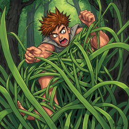 A fantasy illustration depicting a person struggling as they become ensnared in tangle grass, which is long and thick, wrapping tightly around their legs, constricting and immobilizing them