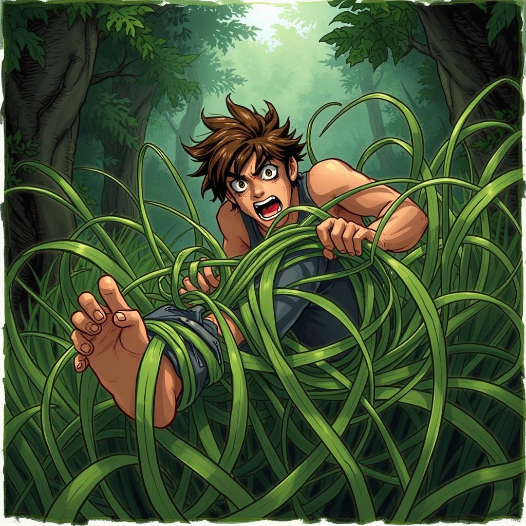 A fantasy illustration depicting a person struggling as they become ensnared in tangle grass, which is long and thick, wrapping tightly around their legs, constricting and immobilizing them