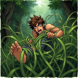 A fantasy illustration depicting a person struggling as they become ensnared in tangle grass, which is long and thick, wrapping tightly around their legs, constricting and immobilizing them