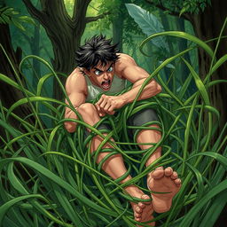 A fantasy illustration depicting a person struggling as they become ensnared in tangle grass, which is long and thick, wrapping tightly around their legs, constricting and immobilizing them