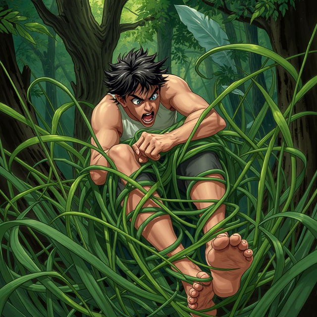 A fantasy illustration depicting a person struggling as they become ensnared in tangle grass, which is long and thick, wrapping tightly around their legs, constricting and immobilizing them