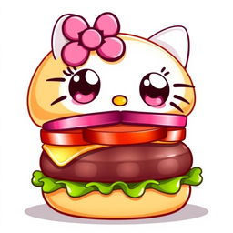 A cute cartoon-style vector illustration of a hamburger with big, expressive eyes and a pink Hello Kitty bow on top