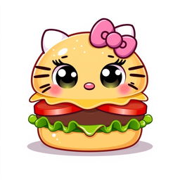 A cute cartoon-style vector illustration of a hamburger with big, expressive eyes and a pink Hello Kitty bow on top