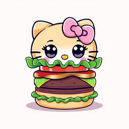 A cute cartoon-style vector illustration of a hamburger with big, expressive eyes and a pink Hello Kitty bow on top