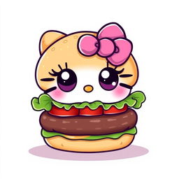 A cute cartoon-style vector illustration of a hamburger with big, expressive eyes and a pink Hello Kitty bow on top