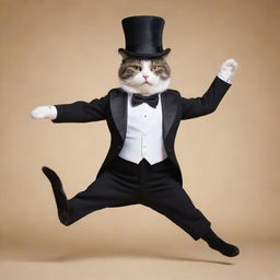 A charming cat, adorned in a tailored tuxedo and a top hat, performing an elegant tap dance routine.