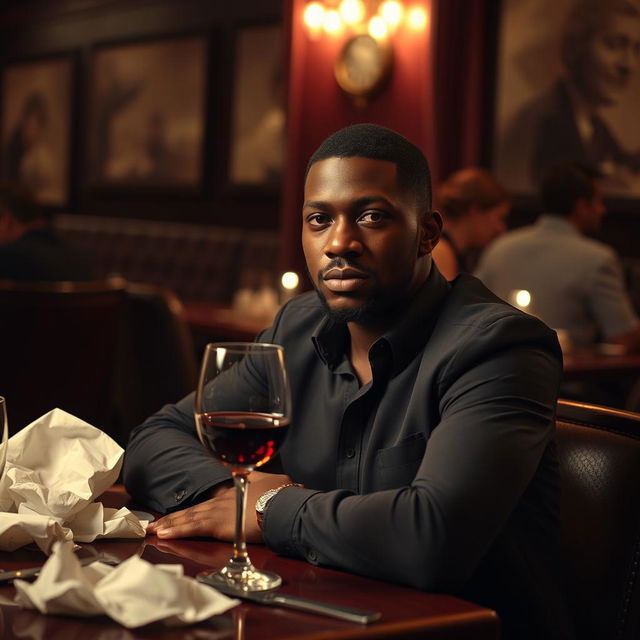 A 32-year-old black man sitting at a dimly lit table in a cozy, intimate restaurant