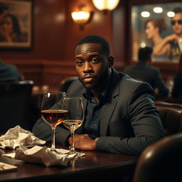 A 32-year-old black man sitting at a dimly lit table in a cozy, intimate restaurant