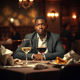 A 32-year-old black man sitting at a dimly lit table in a cozy, intimate restaurant