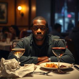 A 32-year-old black man sitting at a dimly lit table in a cozy, intimate restaurant