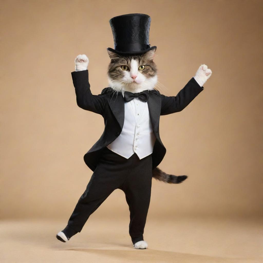 A charming cat, adorned in a tailored tuxedo and a top hat, performing an elegant tap dance routine.