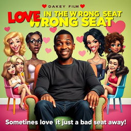 A humorous movie poster for a comedy film titled "LOVE IN THE WRONG SEAT"