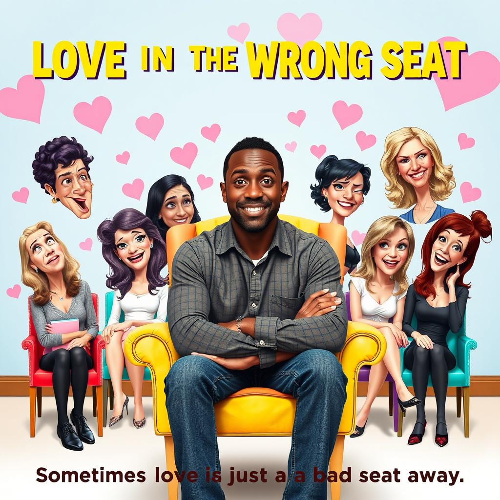 A humorous movie poster for a comedy film titled "LOVE IN THE WRONG SEAT"