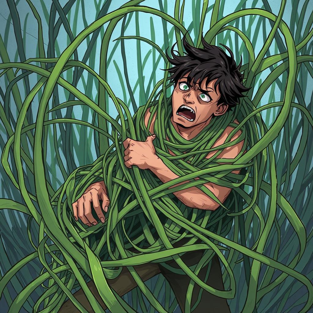 An illustration depicting a fantastical scene where long, tangle grass wraps tightly around a person, constricting and immobilizing them