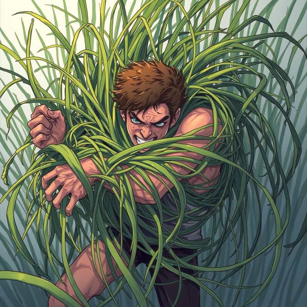 An illustration depicting a fantastical scene where long, tangle grass wraps tightly around a person, constricting and immobilizing them