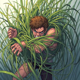 An illustration depicting a fantastical scene where long, tangle grass wraps tightly around a person, constricting and immobilizing them