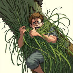 An illustration depicting a fantastical scene where long, tangle grass wraps tightly around a person, constricting and immobilizing them