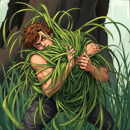 An illustration depicting a fantastical scene where long, tangle grass wraps tightly around a person, constricting and immobilizing them