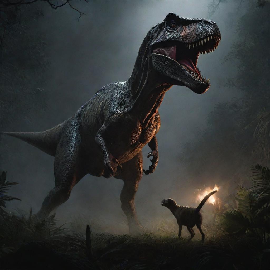 Imbue a sense of raw nature into the scene by illustrating a terrifying moment of Tyrannosaurus Rex launching an attack on an unsuspecting goat amidst the eerie darkness of the blackout-stricken Jurassic Park.