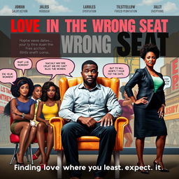 A thought-provoking and humorous movie poster for a dramedy film titled "LOVE IN THE WRONG SEAT"