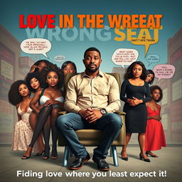 A thought-provoking and humorous movie poster for a dramedy film titled "LOVE IN THE WRONG SEAT"