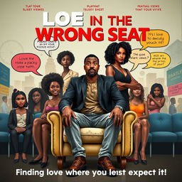 A thought-provoking and humorous movie poster for a dramedy film titled "LOVE IN THE WRONG SEAT"