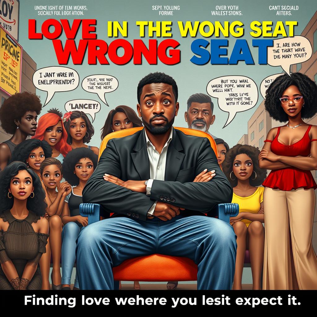 A thought-provoking and humorous movie poster for a dramedy film titled "LOVE IN THE WRONG SEAT"