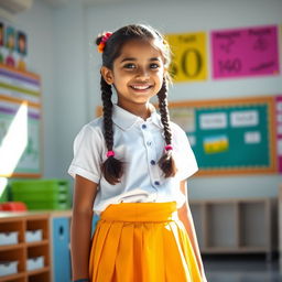 A vibrant portrait of an Indian schoolgirl wearing a traditional school uniform, featuring a knee-length skirt and a neatly pressed white shirt