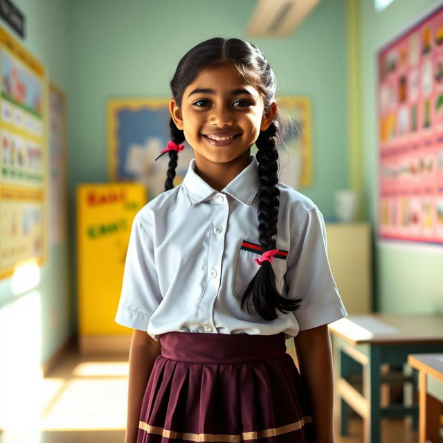 A vibrant portrait of an Indian schoolgirl wearing a traditional school uniform, featuring a knee-length skirt and a neatly pressed white shirt