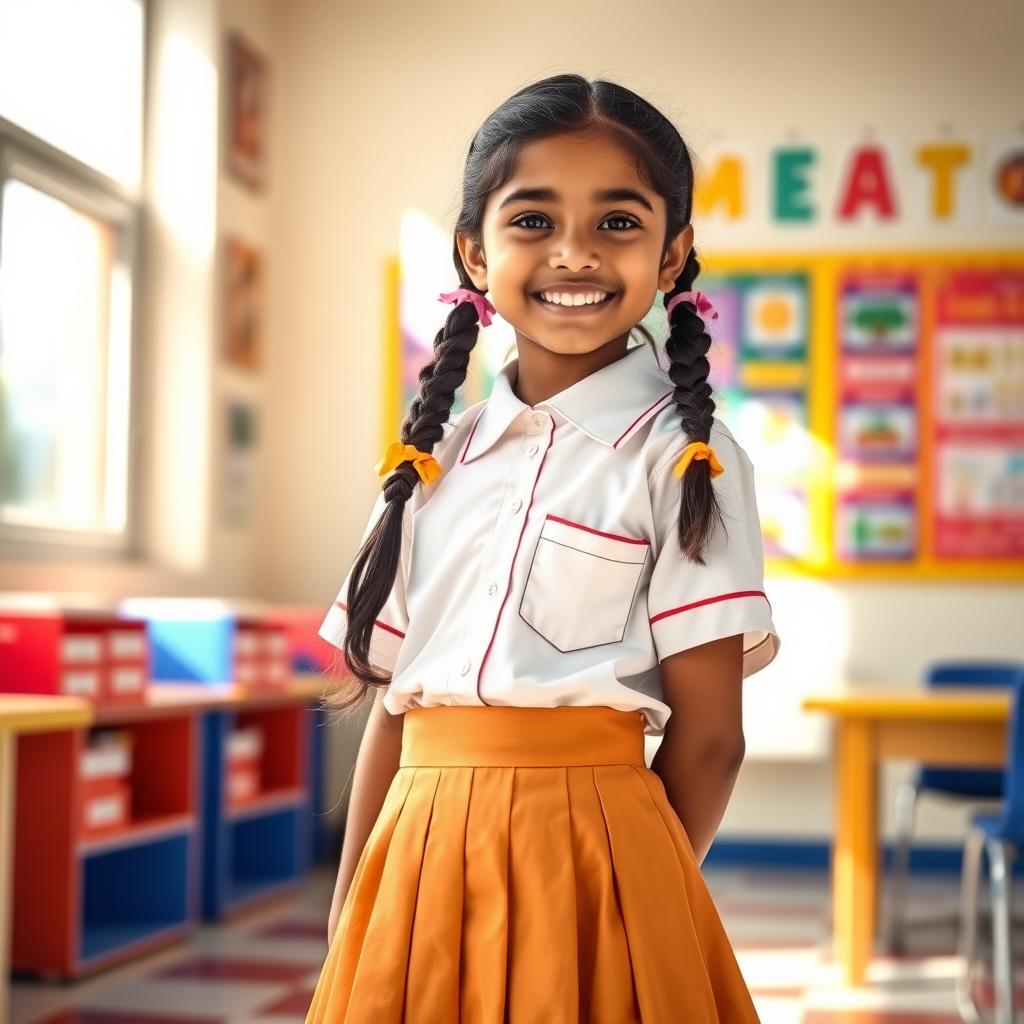 A vibrant portrait of an Indian schoolgirl wearing a traditional school uniform, featuring a knee-length skirt and a neatly pressed white shirt