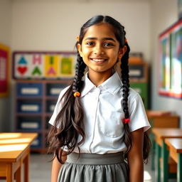 A vibrant portrait of an Indian schoolgirl wearing a traditional school uniform, featuring a knee-length skirt and a neatly pressed white shirt