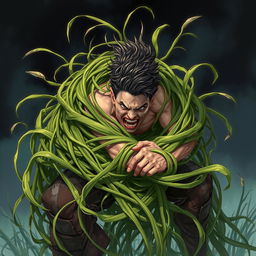 A dynamic fantasy illustration featuring long, tangle grass that wraps tightly around a person, creating a constricting and immobilizing effect