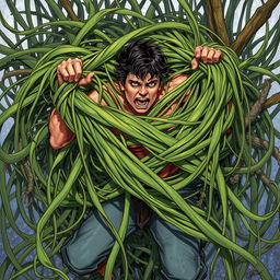 A dynamic fantasy illustration featuring long, tangle grass that wraps tightly around a person, creating a constricting and immobilizing effect