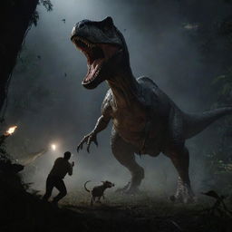 Imbue a sense of raw nature into the scene by illustrating a terrifying moment of Tyrannosaurus Rex launching an attack on an unsuspecting goat amidst the eerie darkness of the blackout-stricken Jurassic Park.