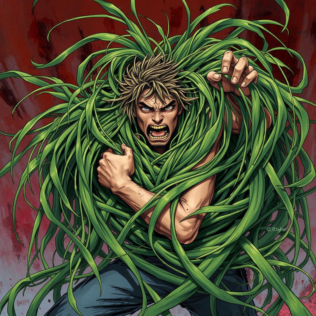 A dynamic fantasy illustration featuring long, tangle grass that wraps tightly around a person, creating a constricting and immobilizing effect