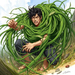 A dynamic fantasy illustration featuring long, tangle grass that wraps tightly around a person, creating a constricting and immobilizing effect