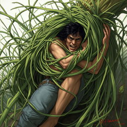 A detailed fantasy illustration showcasing a scene where long, tangle grass wraps tightly around a person, constricting and immobilizing them while pulling them down into the ground