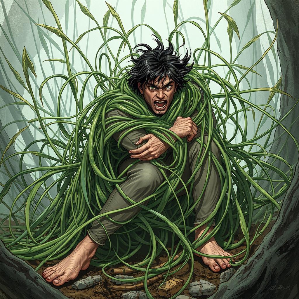 A detailed fantasy illustration showcasing a scene where long, tangle grass wraps tightly around a person, constricting and immobilizing them while pulling them down into the ground