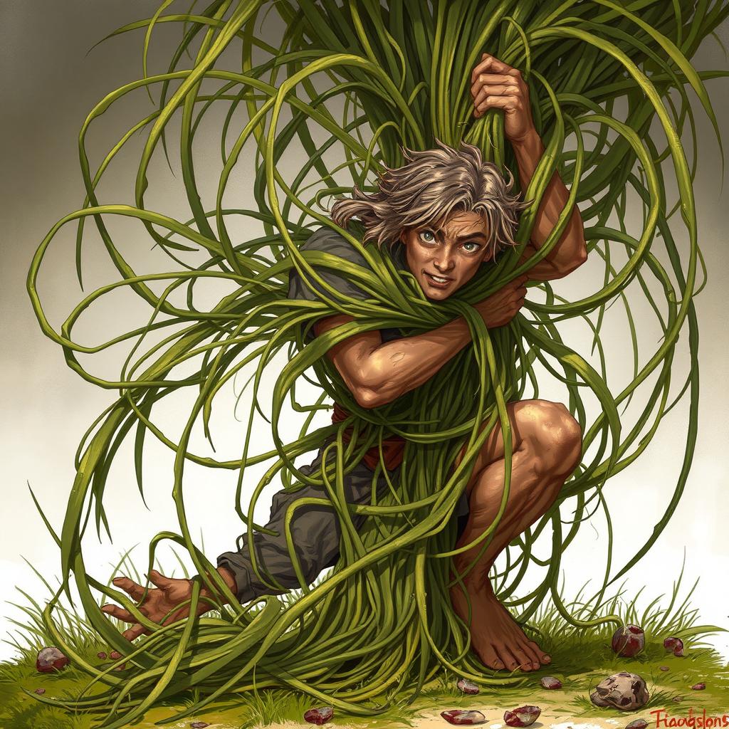 A detailed fantasy illustration showcasing a scene where long, tangle grass wraps tightly around a person, constricting and immobilizing them while pulling them down into the ground