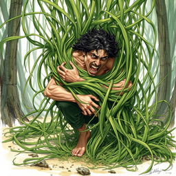 A detailed fantasy illustration showcasing a scene where long, tangle grass wraps tightly around a person, constricting and immobilizing them while pulling them down into the ground