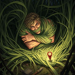 A captivating fantasy illustration featuring a scene where long, tangle grass wraps tightly around a person, constricting and immobilizing them while pulling them down into the ground